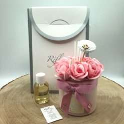 Bomboniera Battesimo Comunione Matrimonio Profumatore Bottiglia Rotondo con Rose, Cipria Ø 8 cm - Riflessi