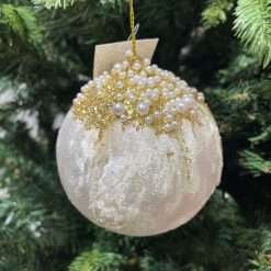 Set 3 Pz Pallina Panna con Perline Ø 8 - Decorazioni Natalizie