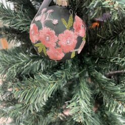 Pallina in Vetro Verde con Fiori Rosa - Decorazioni Natalizie